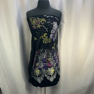 JJ Authentic Strapless Tube Dress Womens Medium Black Floral Boho Smocked Waist